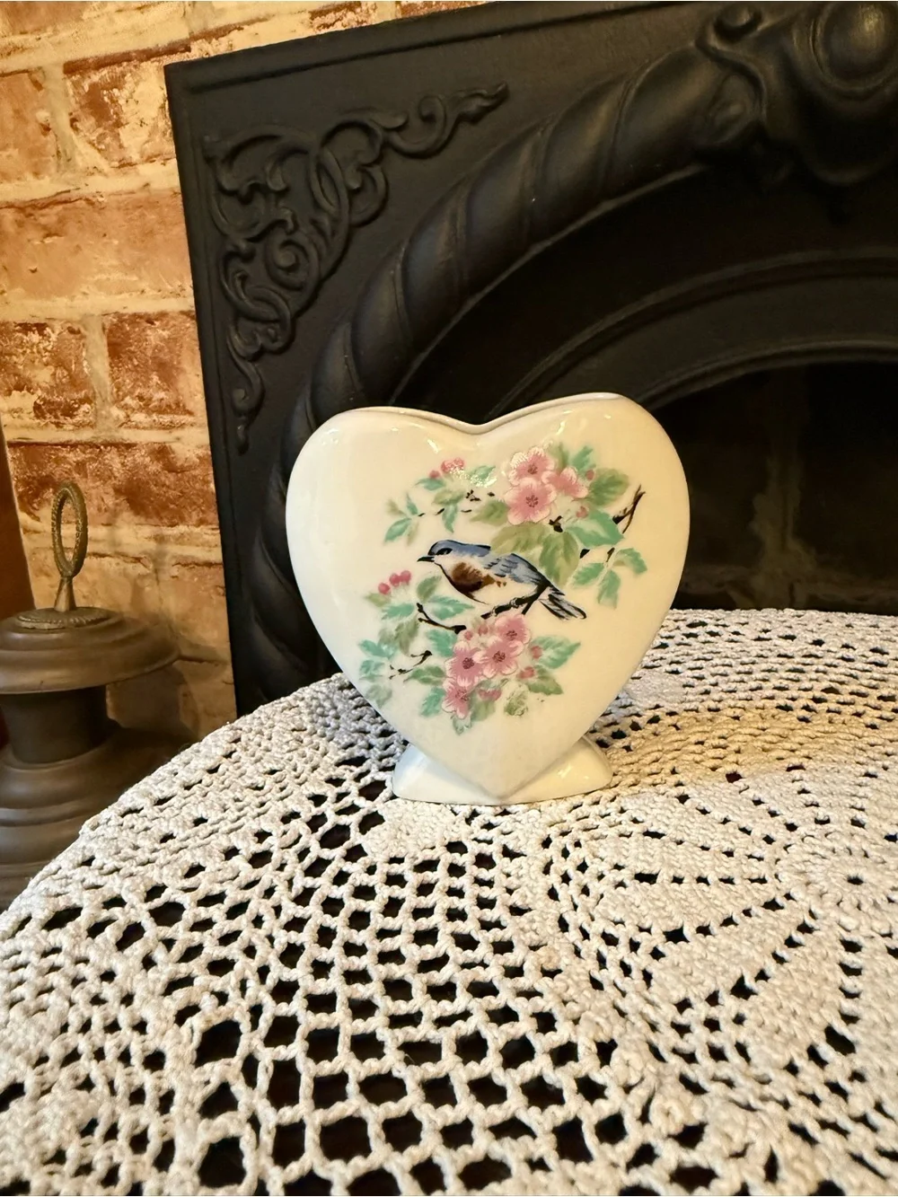 Heart-Shaped Porcelain Bud Vase with Bluebird  Design